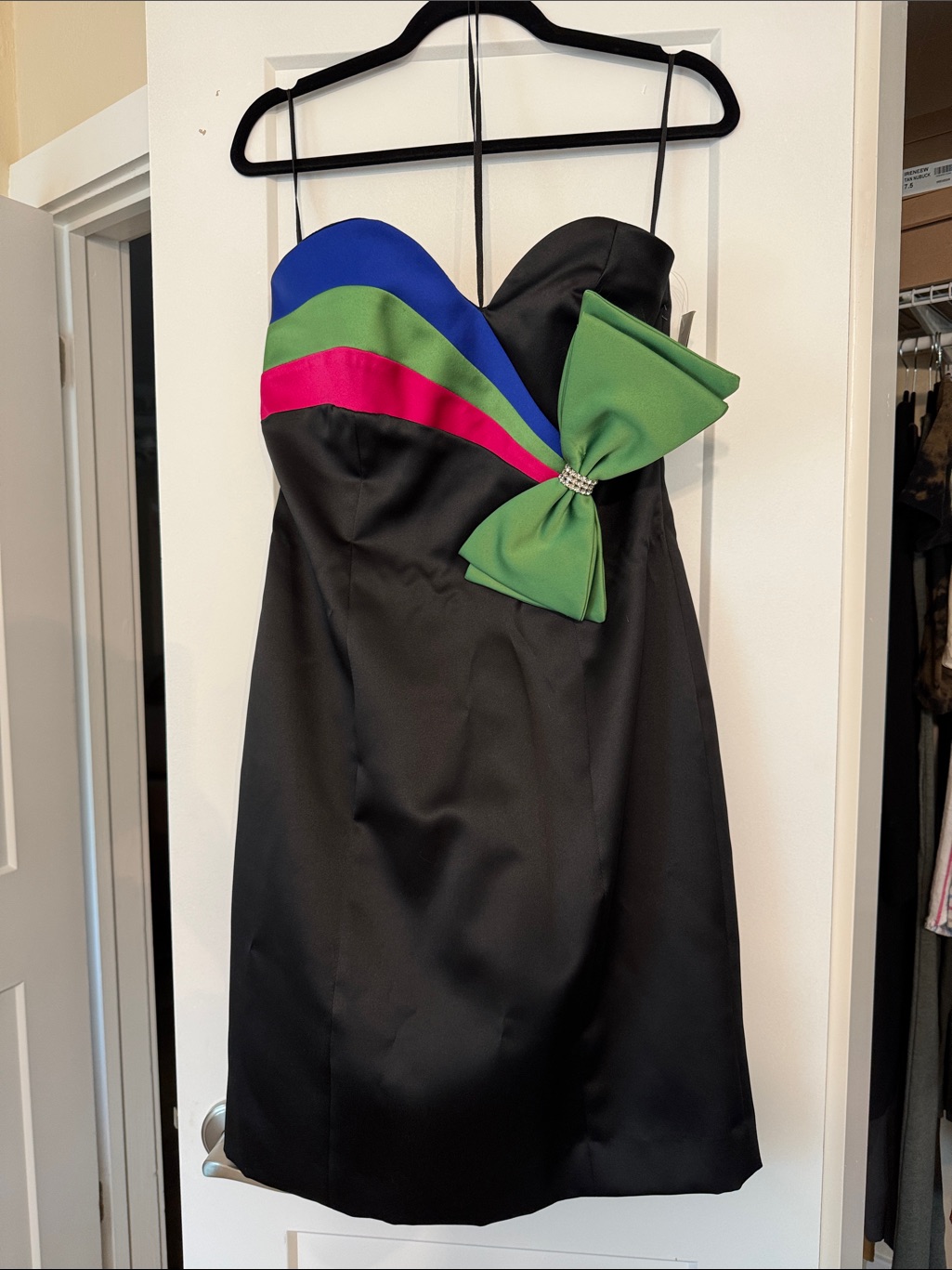 Vintage Leslie Fay Strapless Sweetheart Color Block Bow Cocktail Dress 10 Nos